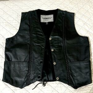 Unik Men's Vintage XL Lined Black Leather Chopper Vest EUC